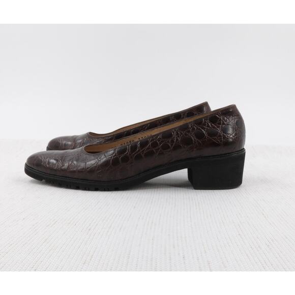 Salvatore Ferragamo Pumps 7.5 Low Heel Narrow Croc Embossed Work Comfort Shoes - Picture 2 of 16